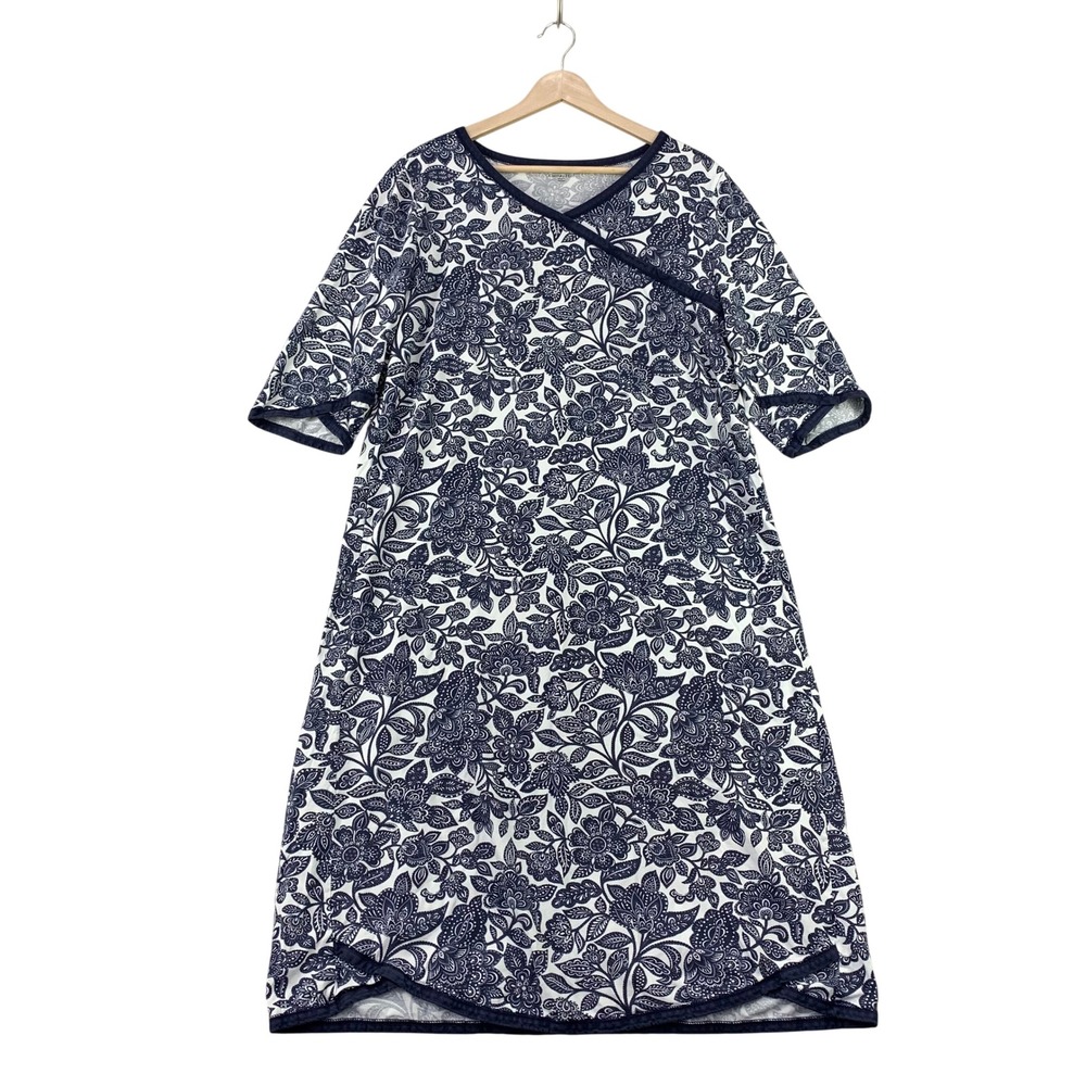 Garnet Hill Floral Nightgown Womens L Blue Organic Cotton Short Sleeve Wrap